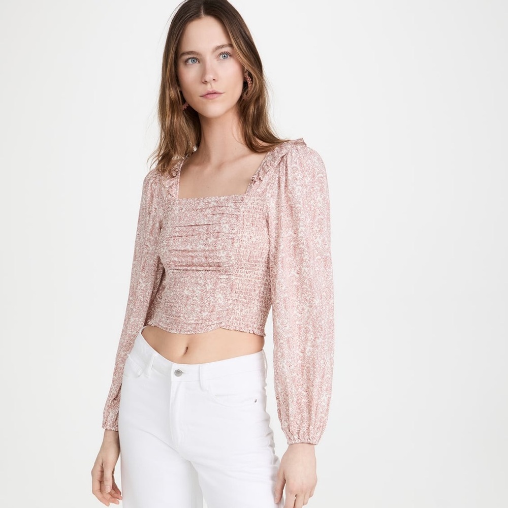 BB Dakota Ruffle Crop Top clay Steve Madden sz Medium long sleeve smocked blouse